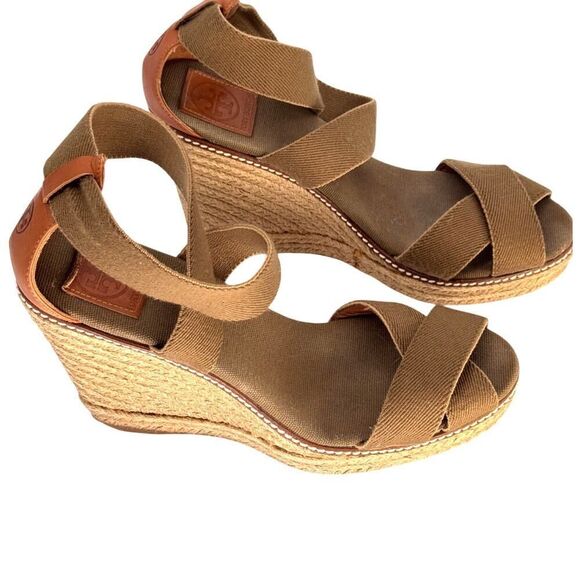 Tory Burch Designer Espadrille Wedges Sz 11 Olive Canvas Cognac Leather EUC - Picture 2 of 9